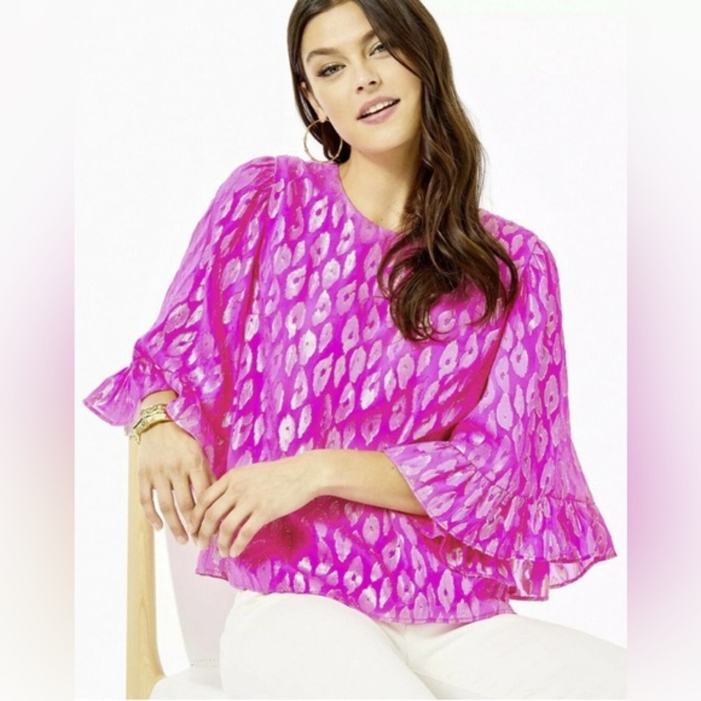 NWT Lilly Pulitzer FRANCIS FLOUNCE SLEEVE SILK TOP Raz Berry Leopard Metallic S